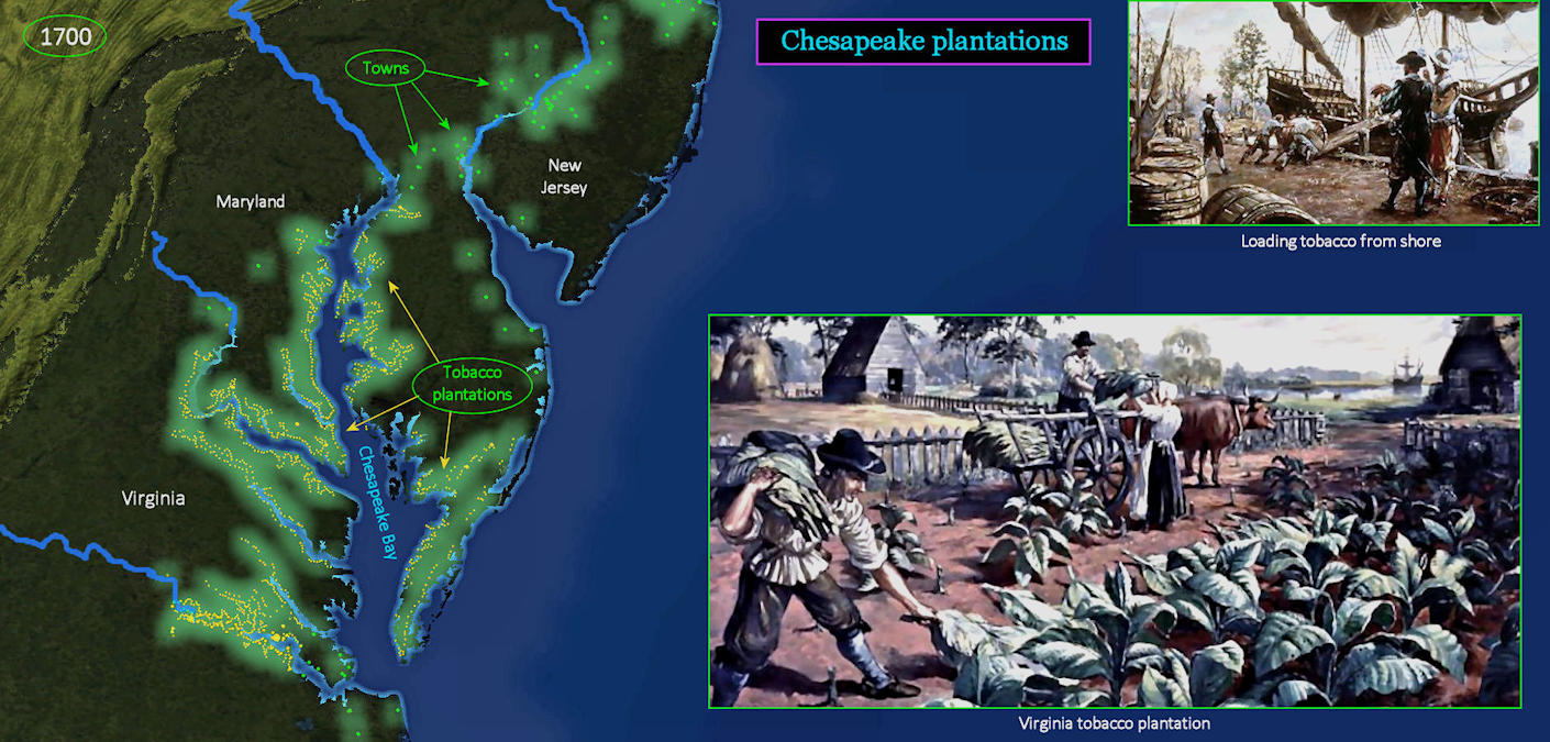 Chesapeake tobacco plantations, 1700 map